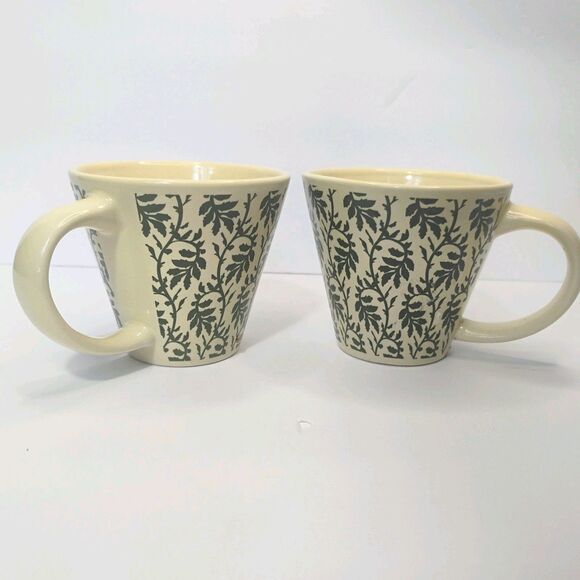 Vtg Roscher Ambiance Coffee Mugs Stoneware Green Cream Floral Leaves Cups - Picture 12 of 12